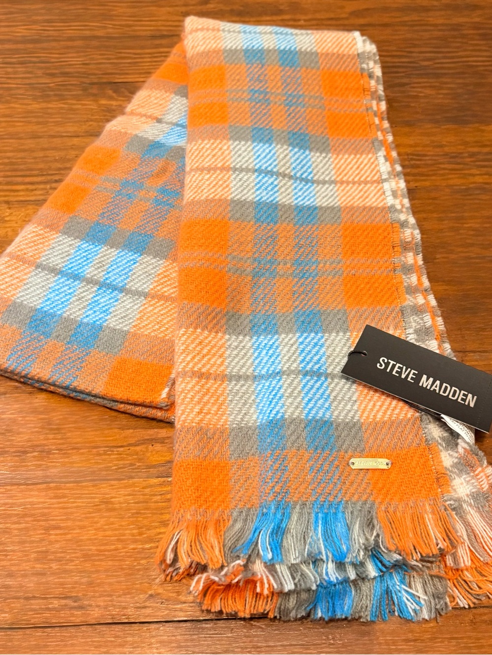 Steve Madden Orange, Blue & Gray Plaid Fringe Scarf